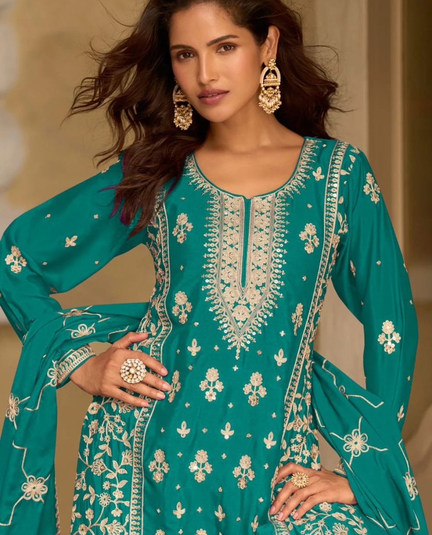 BLUE - Sea Green Chinon Readymade Salwar Suit with Embroidered, Sequins and Thread Work